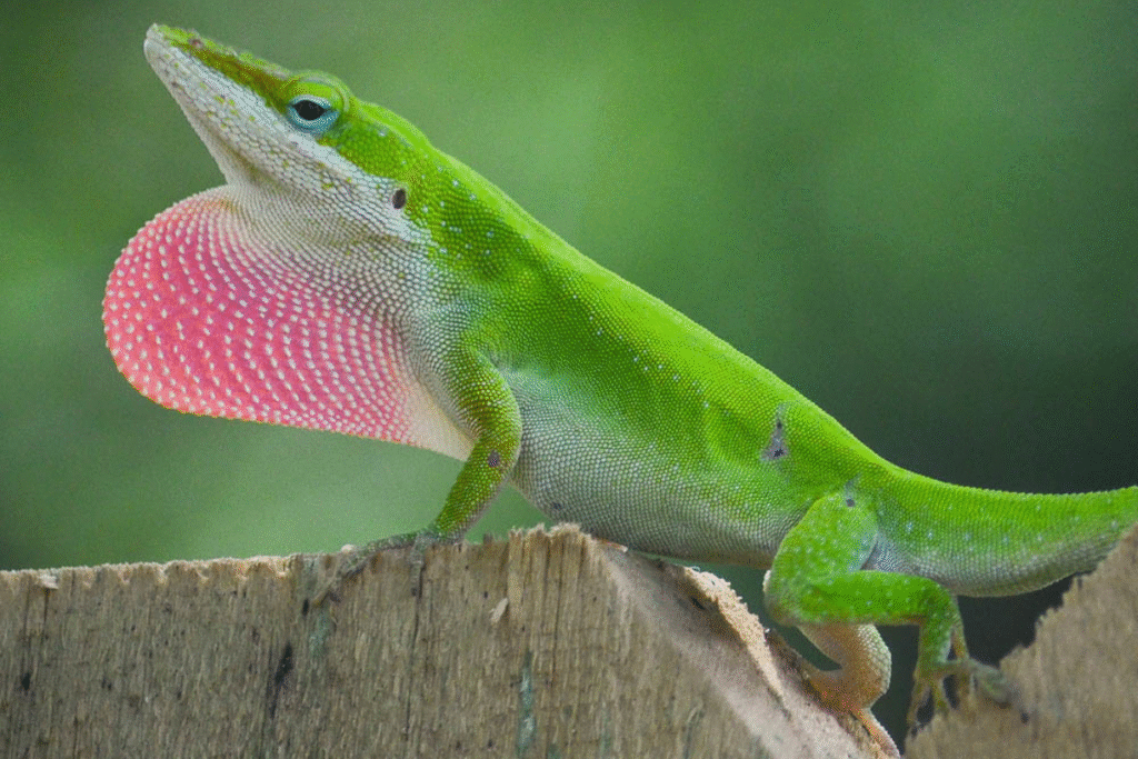 Anolis zelený pózuje na drevenom plote