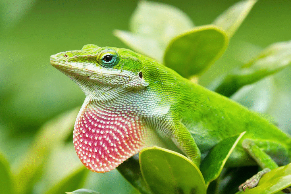 Anolis zelený v prírode na liste